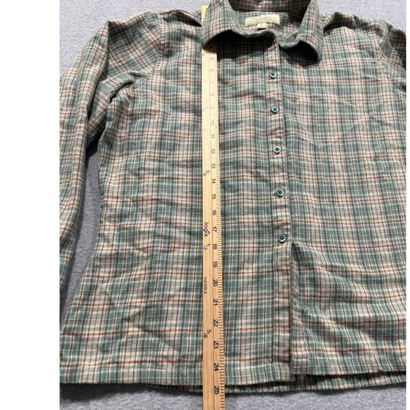 Cabelas Womens L Plaid Soft Flannel Shirt Teal Tan Brown Cotton Shirt (D34) - Picture 6 of 14